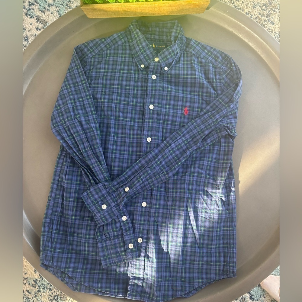 Ralph Lauren Boys Size Large (14/16) Long Sleeve Blue Plaid Button Down